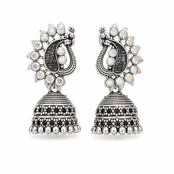 Silver oxidised peacock jhumka earrings with AB crystal detailing, shown on a plain background