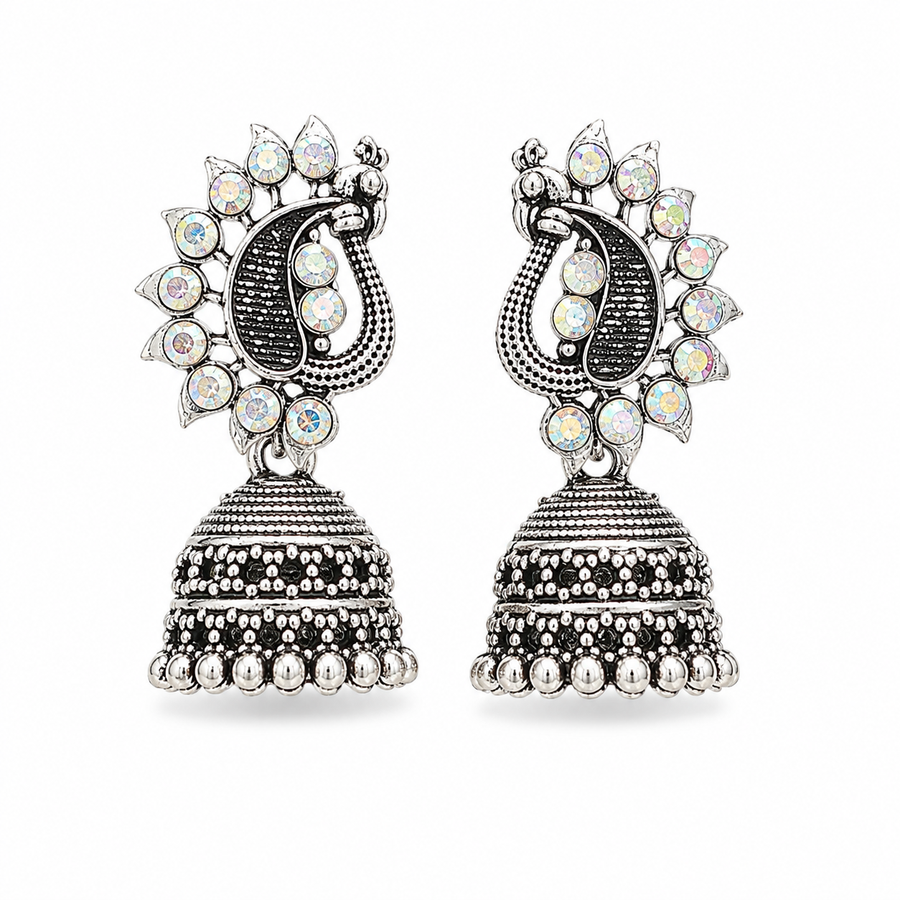 Silver oxidised peacock jhumka earrings with AB crystal detailing, shown on a plain background