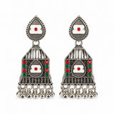 Oxidised silver plain jhumka earrings with bead drops