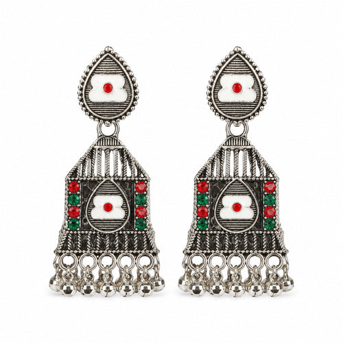 Oxidised silver plain jhumka earrings with bead drops