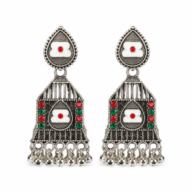 Oxidised silver plain jhumka earrings with bead drops