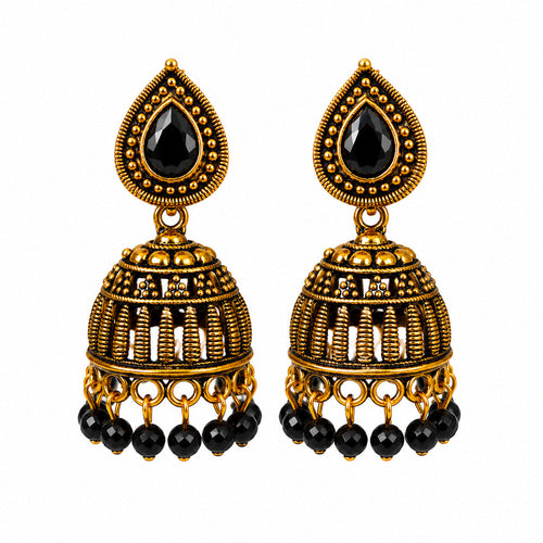 Antique gold ribbed jhumka earrings with black stone