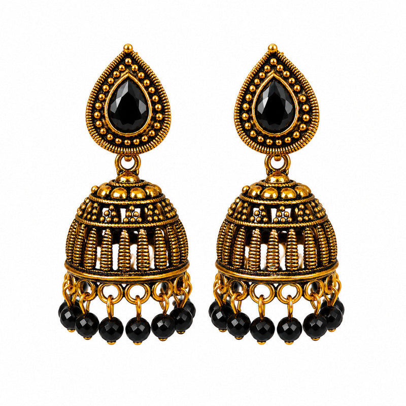 Antique gold ribbed jhumka earrings with black stone