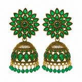 Antique gold green stone floral jhumka earrings with bead drops
