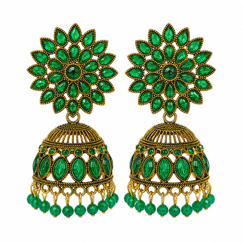 Antique gold green stone floral jhumka earrings with bead drops