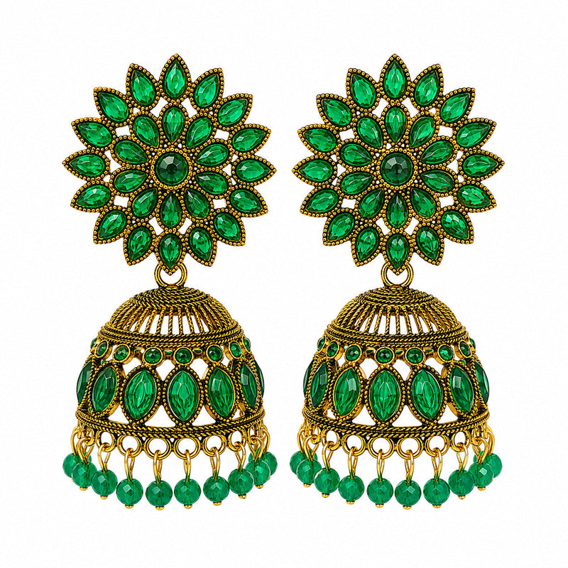 Antique gold green stone floral jhumka earrings with bead drops