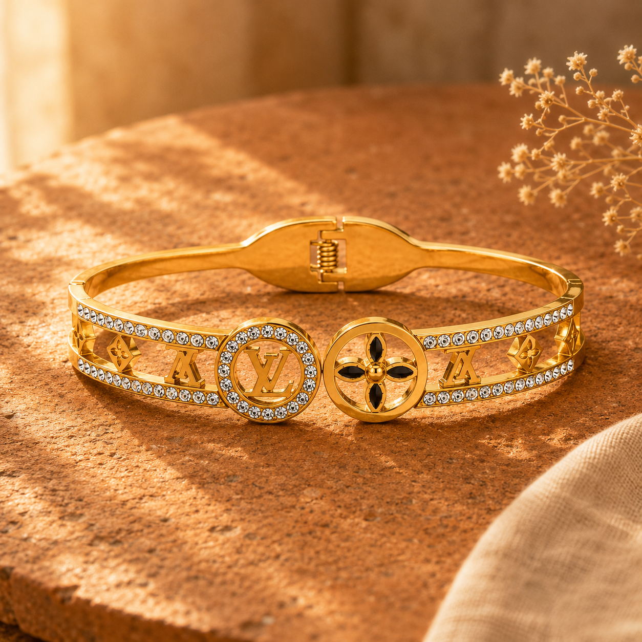 Close-up of a gold-tone crystal bangle showing the hinged closure and centrepiece