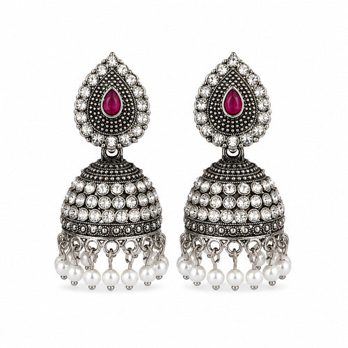 Antique Gold Red Flower Jhumka Earrings