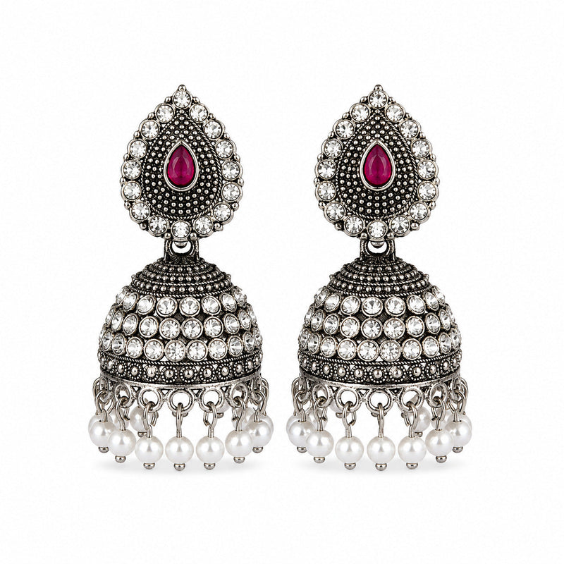 Antique Gold Red Flower Jhumka Earrings