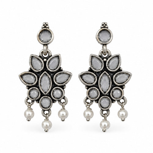 Oxidised silver floral drop earrings with grey stones and pearls