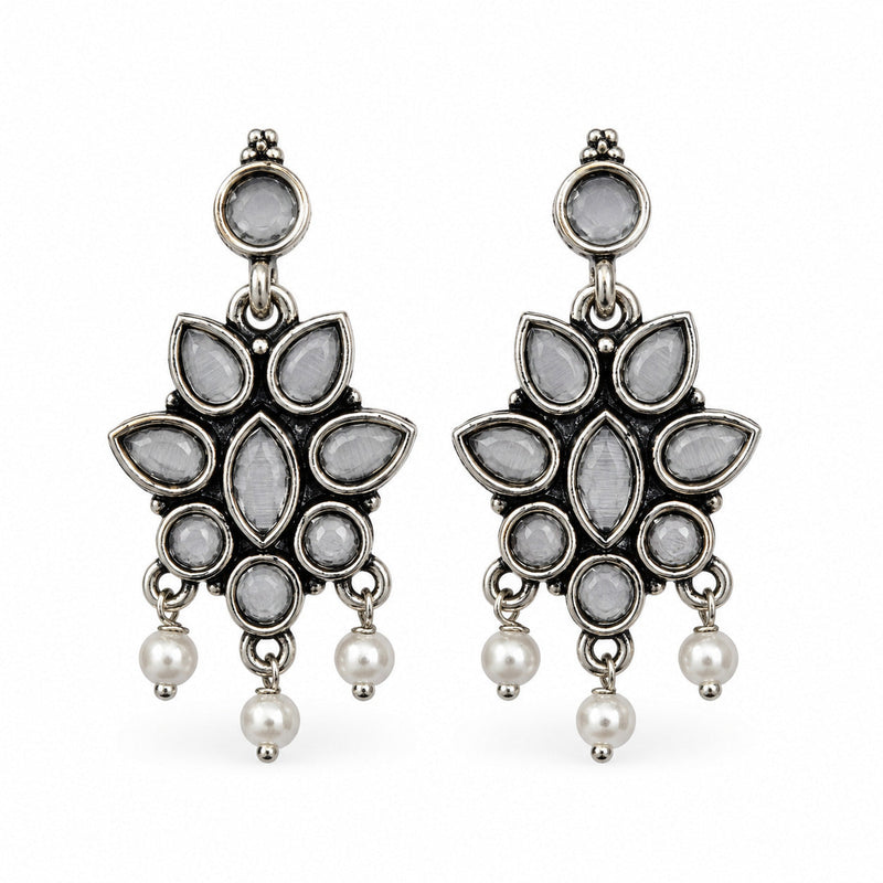 Oxidised silver floral drop earrings with grey stones and pearls