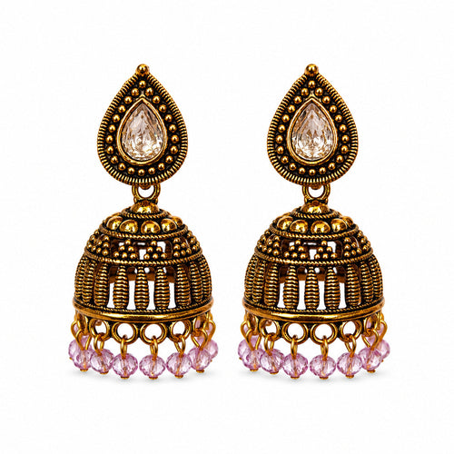 Antique gold ribbed jhumka earrings with clear stone and pink beads