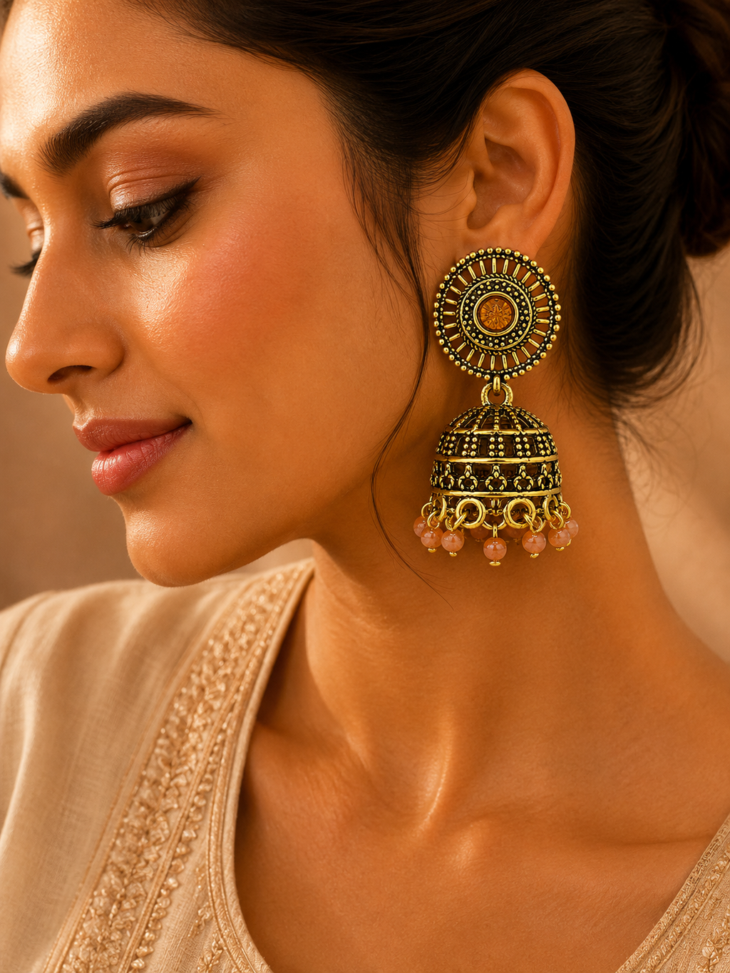 A close-up of a woman wearing an ornate gold-toned jhumka earring with black detailing and small pink bead drops, shown against a warm beige background.