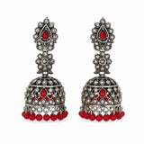 Oxidised silver red and clear stone jhumka earrings