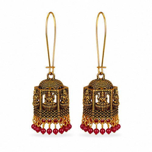 Antique gold temple lantern earrings with Lakshmi motif and red beads