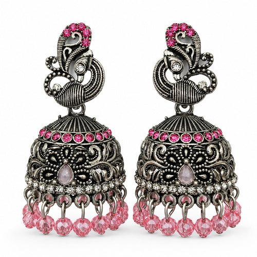 Oxidised silver peacock jhumka earrings with pink stones and bead drops