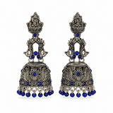 Oxidised silver Lakshmi peacock jhumka earrings with sapphire-tone beads