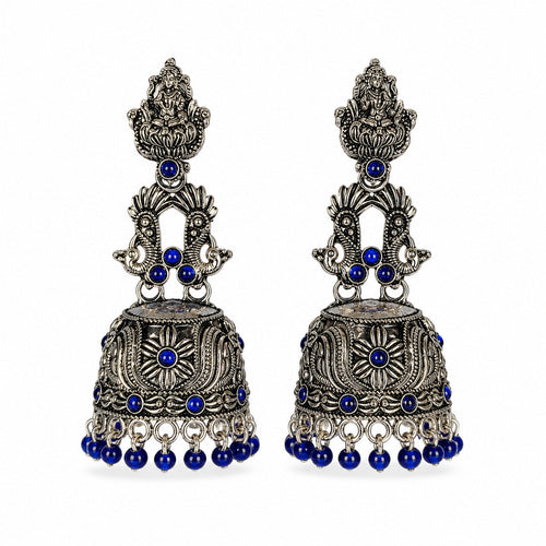 Oxidised silver Lakshmi peacock jhumka earrings with sapphire-tone beads