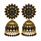 Antique gold black stone floral jhumka earrings with pearl drops