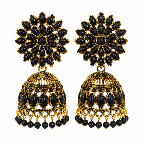 Antique gold black stone floral jhumka earrings with pearl drops