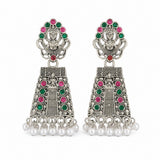 Oxidised silver Lakshmi chandbali earrings with pink and green stones