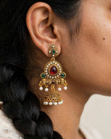 Antique Gold Pendant Earrings with Red Stone and Pearl Drops