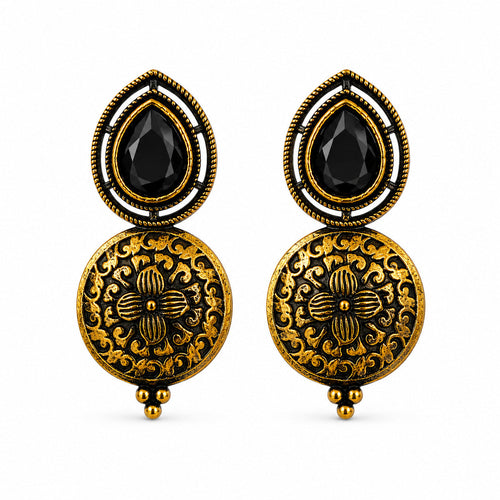 Antique gold drop earrings with black pear stone and carved floral disc