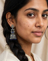 Oxidised Silver Lakshmi Peacock Jhumka Earrings with Sapphire-Tone Beads