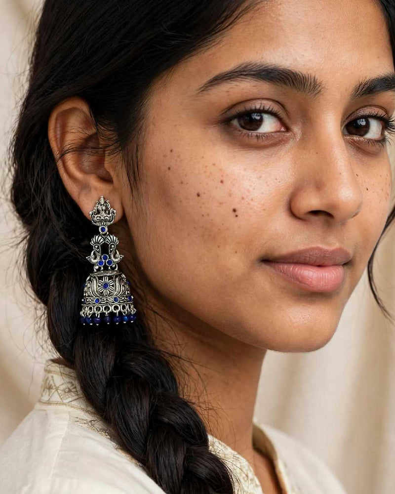 Oxidised Silver Lakshmi Peacock Jhumka Earrings with Sapphire-Tone Beads