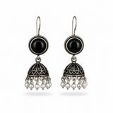 Oxidised silver black stone jhumka earrings with pearl drops