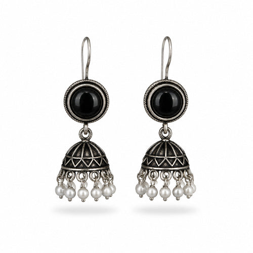 Oxidised silver black stone jhumka earrings with pearl drops
