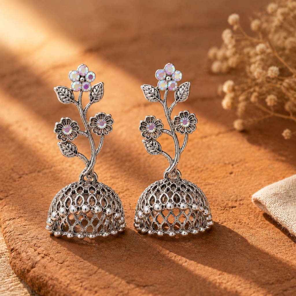 A pair of silver-toned traditional Indian jhumka earrings with floral motifs and iridescent purple flower accents, displayed on a textured brown surface with warm lighting.