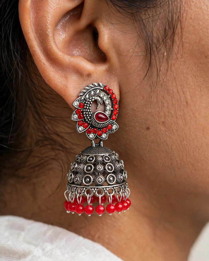 Oxidised Silver Peacock Jhumka Earrings with Red Stones