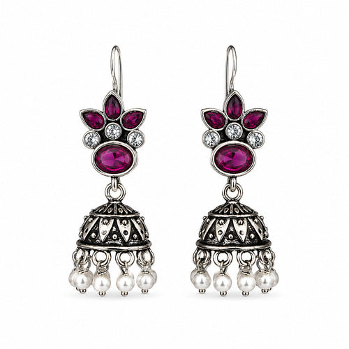 Oxidised Silver Green Stone Chandbali Jhumka Earrings