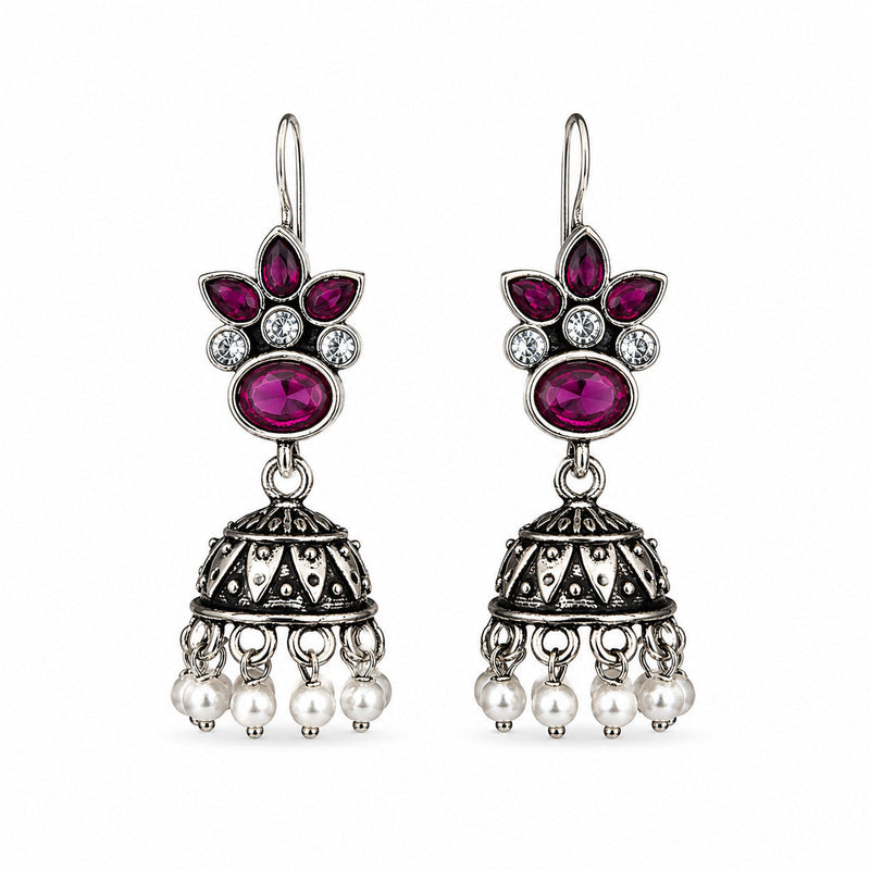 Oxidised Silver Green Stone Chandbali Jhumka Earrings