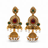 Antique gold pendant earrings with red stone and pearl drops