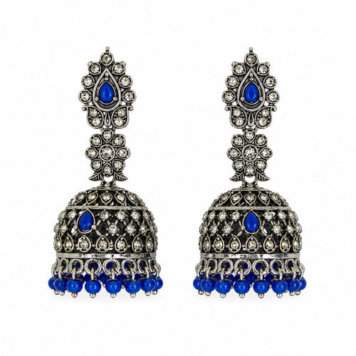 Oxidised silver Lakshmi peacock jhumka earrings with blue stones