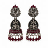 Oxidised Silver Lakshmi Red Stone Temple Earrings