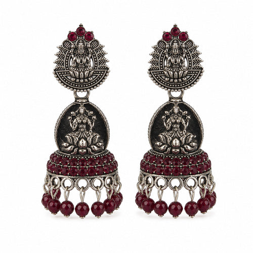 Oxidised Silver Lakshmi Red Stone Temple Earrings