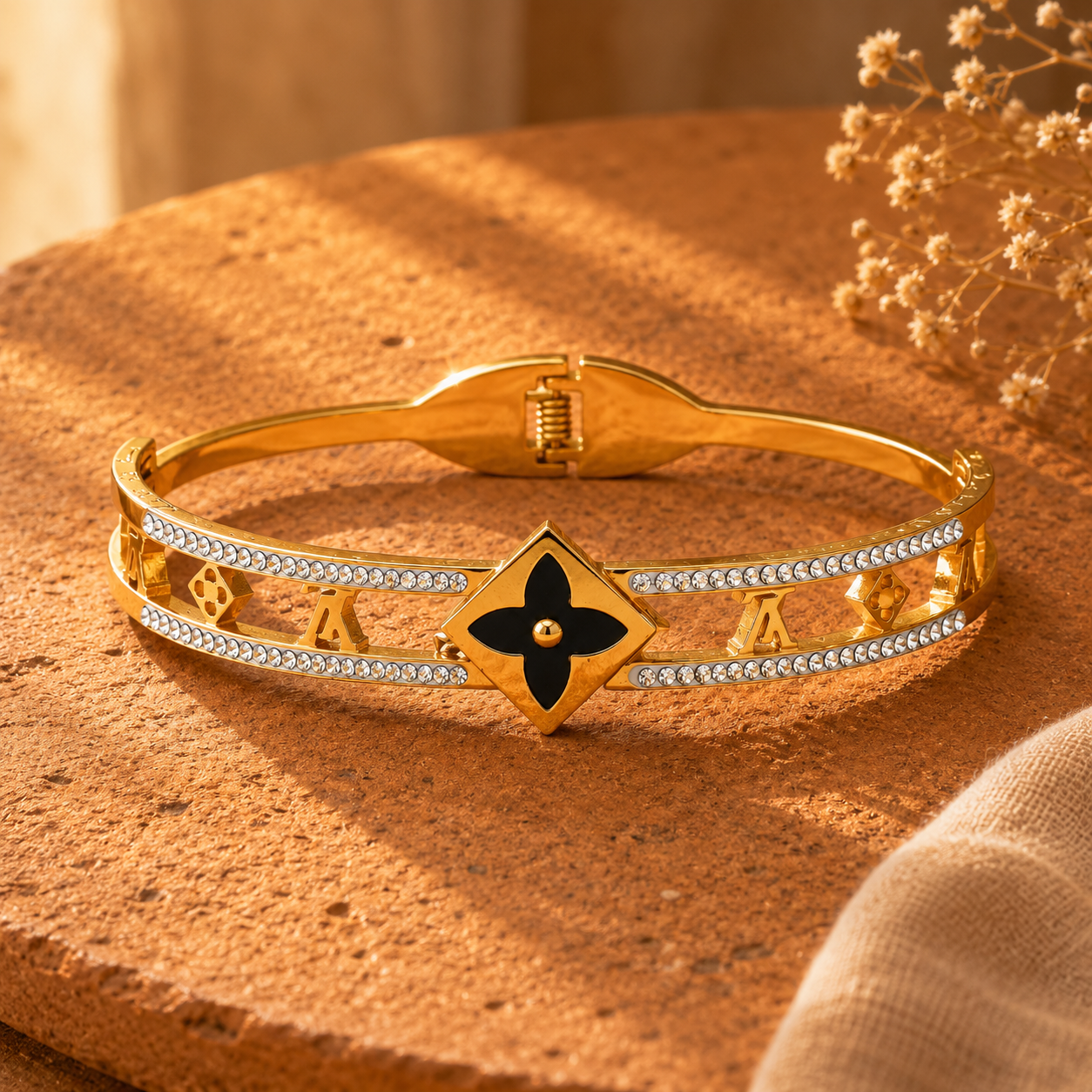 Close-up of a gold-tone bangle showing black accent centrepiece and crystal rows