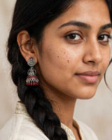 Oxidised Silver Lakshmi Maroon Stone Temple Earrings
