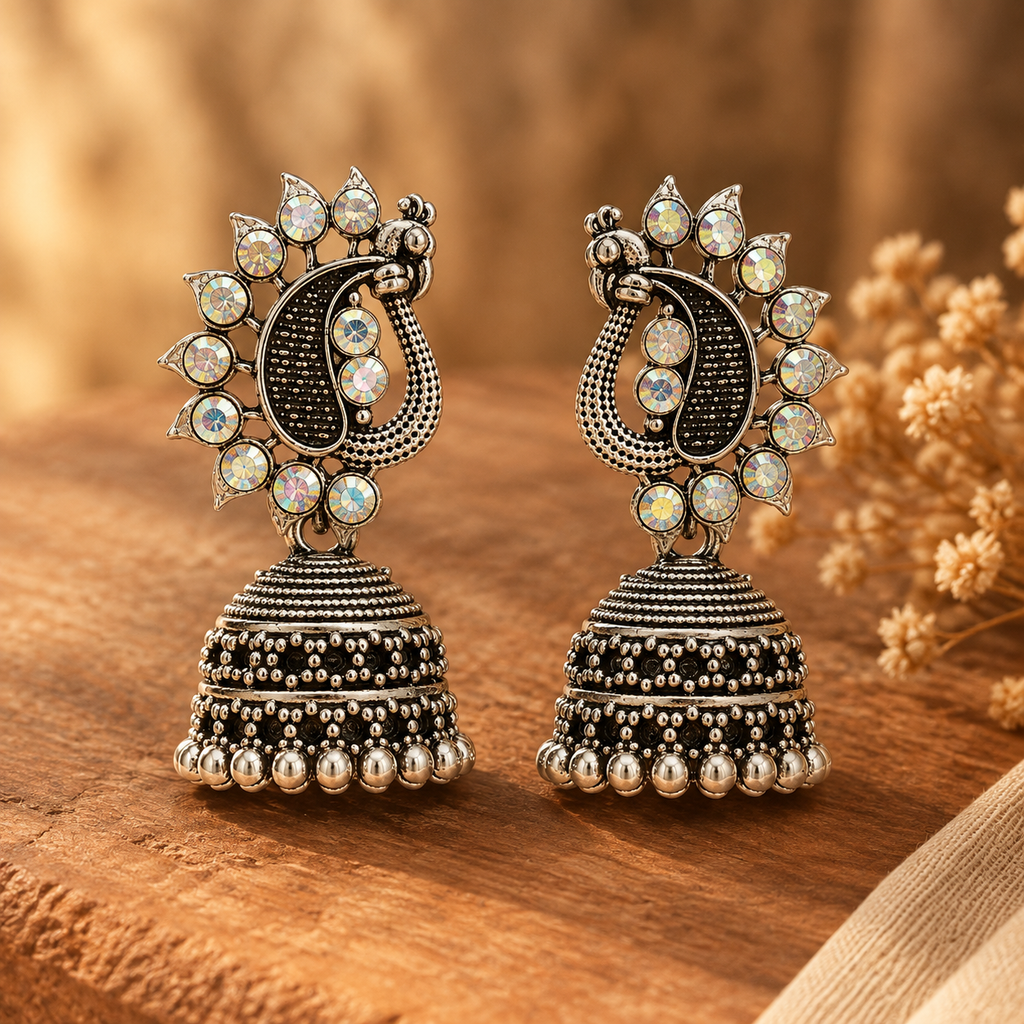 Close-up of a silver oxidised peacock motif jhumka earring with sparkling AB crystals