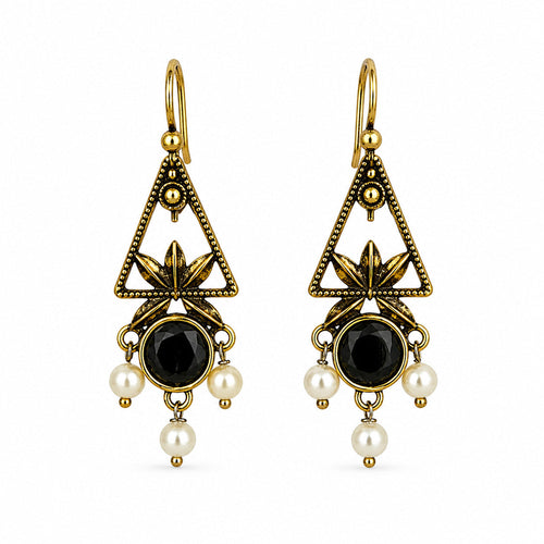 Antique gold triangle hook earrings with black stone and pearls
