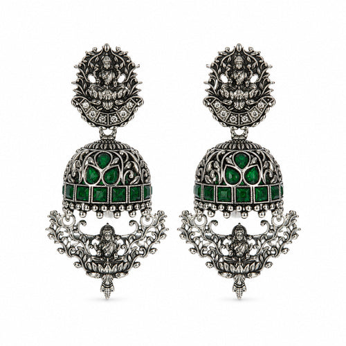 Oxidised silver Lakshmi temple jhumka earrings with green stones