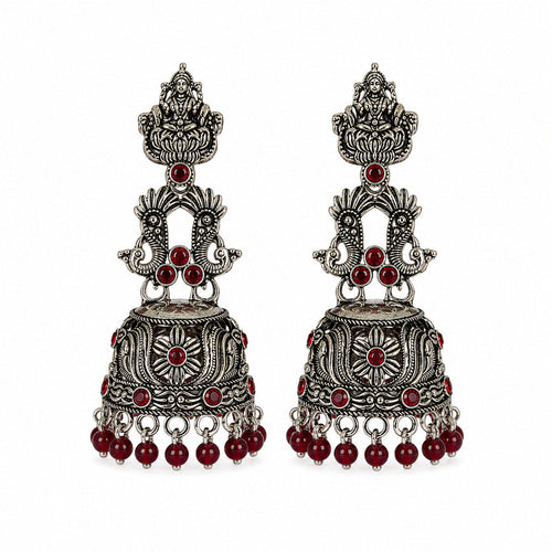 Oxidised silver Lakshmi peacock jhumka earrings with red beads