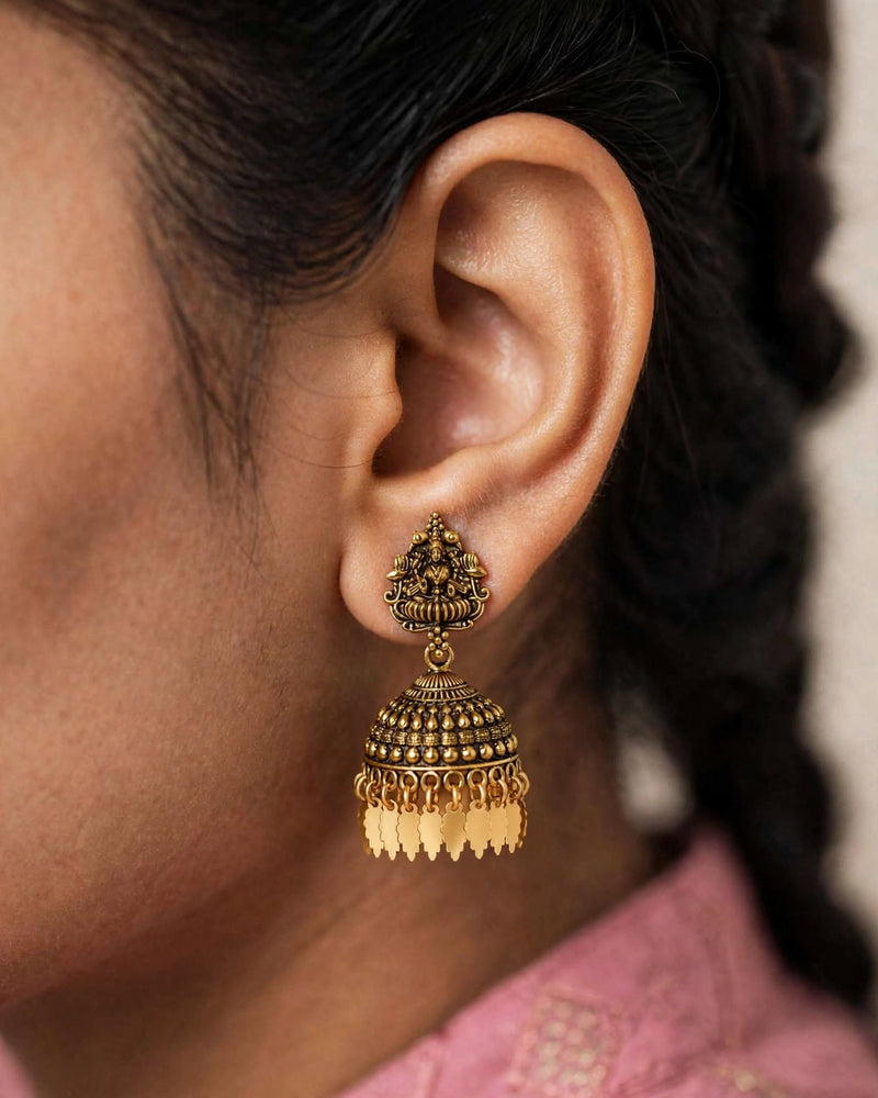 Antique Gold Lakshmi Temple Jhumka Earrings with Leaf Drops