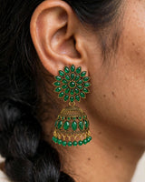 Antique Gold Green Stone Floral Jhumka Earrings with Bead Drops