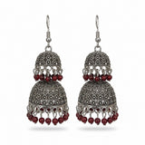 Oxidised silver floral stud jhumka earrings with bead drops