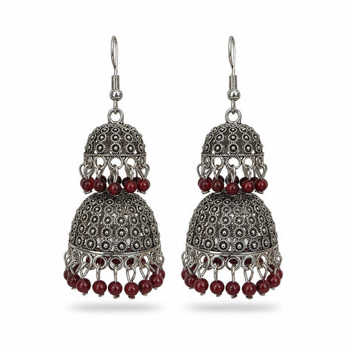 Oxidised silver floral stud jhumka earrings with bead drops