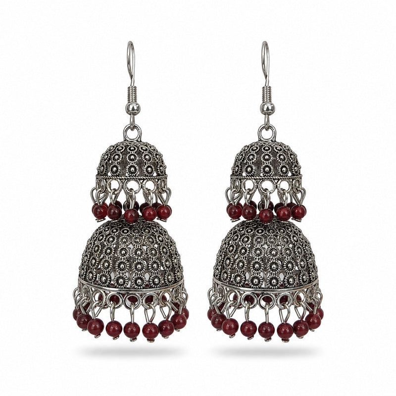 Oxidised silver floral stud jhumka earrings with bead drops